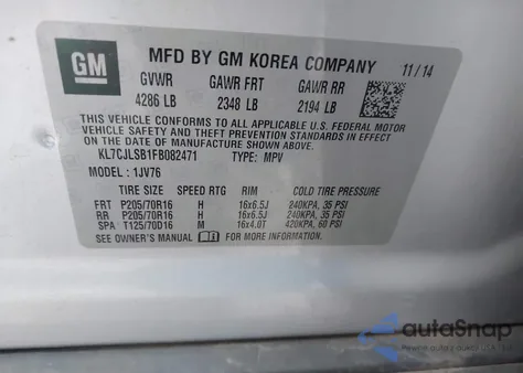 2015 Chevrolet Trax Lt z USA, uszkodzony, nr VIN KL7CJLSB1FB082471